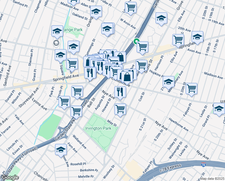map of restaurants, bars, coffee shops, grocery stores, and more near 15 Howard Street in Irvington