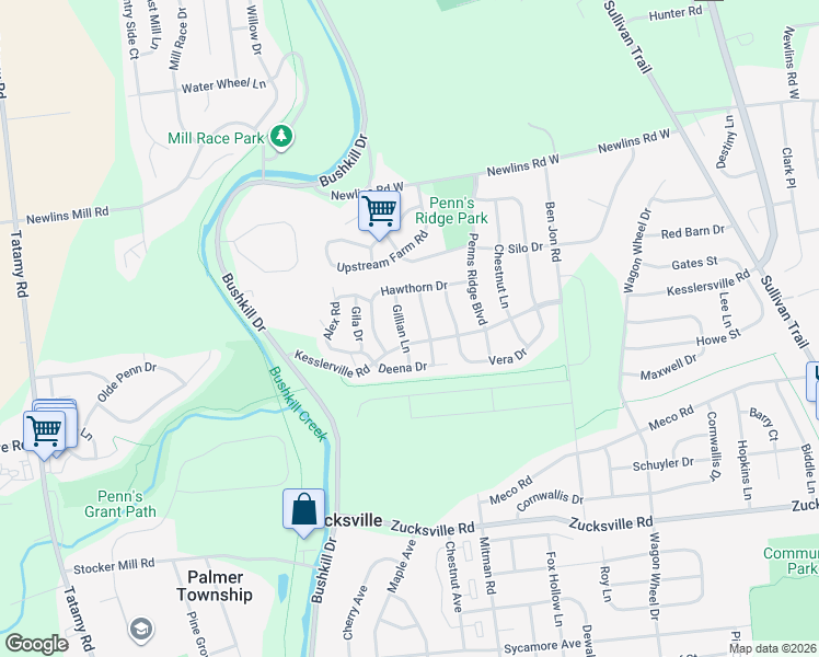 map of restaurants, bars, coffee shops, grocery stores, and more near 2535 Jeannette Lane in Easton