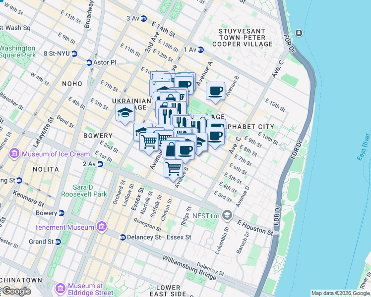map of restaurants, bars, coffee shops, grocery stores, and more near 533 East 5th Street in New York