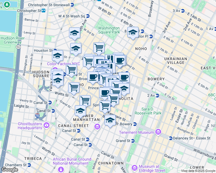 map of restaurants, bars, coffee shops, grocery stores, and more near 568 Broadway in New York