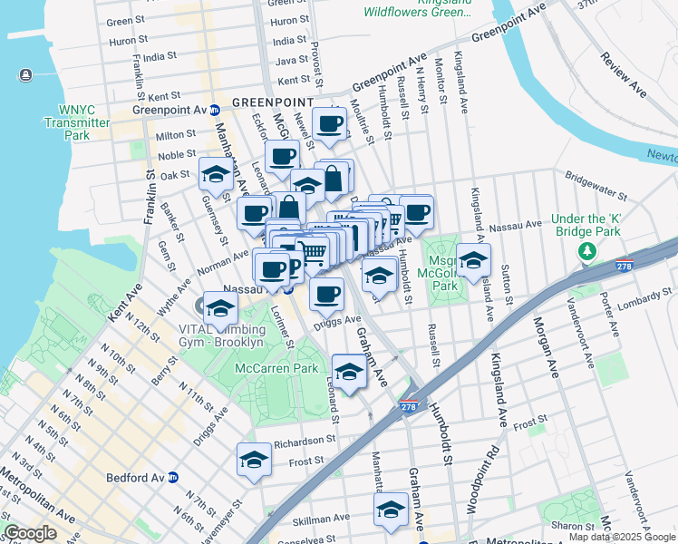 map of restaurants, bars, coffee shops, grocery stores, and more near 128 Nassau Avenue in Brooklyn