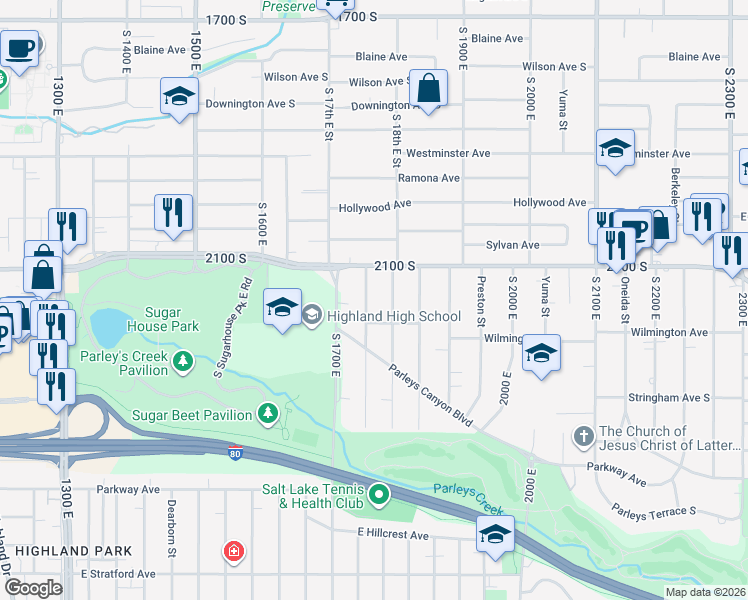 map of restaurants, bars, coffee shops, grocery stores, and more near 2122 South 1800 East in Salt Lake City