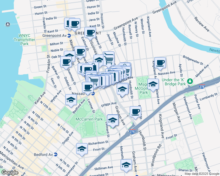 map of restaurants, bars, coffee shops, grocery stores, and more near 115 A Nassau Avenue in Brooklyn