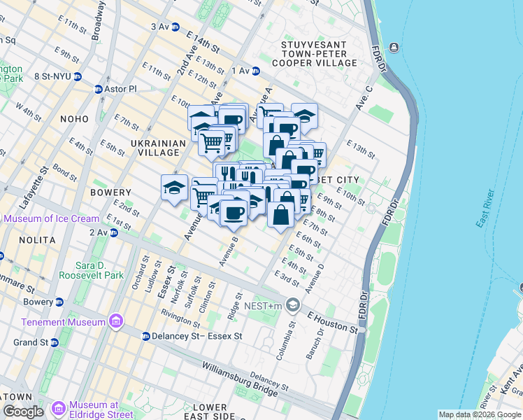 map of restaurants, bars, coffee shops, grocery stores, and more near 621 East 6th Street in New York