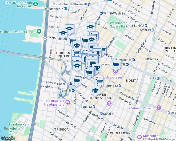 map of restaurants, bars, coffee shops, grocery stores, and more near 72 Thompson Street in New York