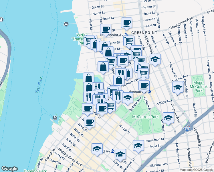 map of restaurants, bars, coffee shops, grocery stores, and more near 22 North 15th Street in Brooklyn