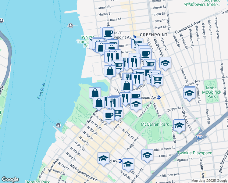 map of restaurants, bars, coffee shops, grocery stores, and more near 22 North 15th Street in Brooklyn