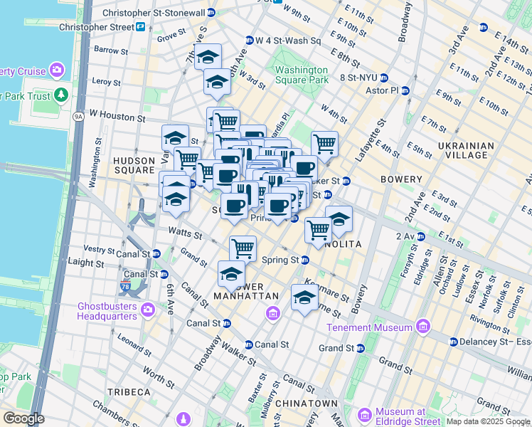 map of restaurants, bars, coffee shops, grocery stores, and more near 110 Prince Street in New York