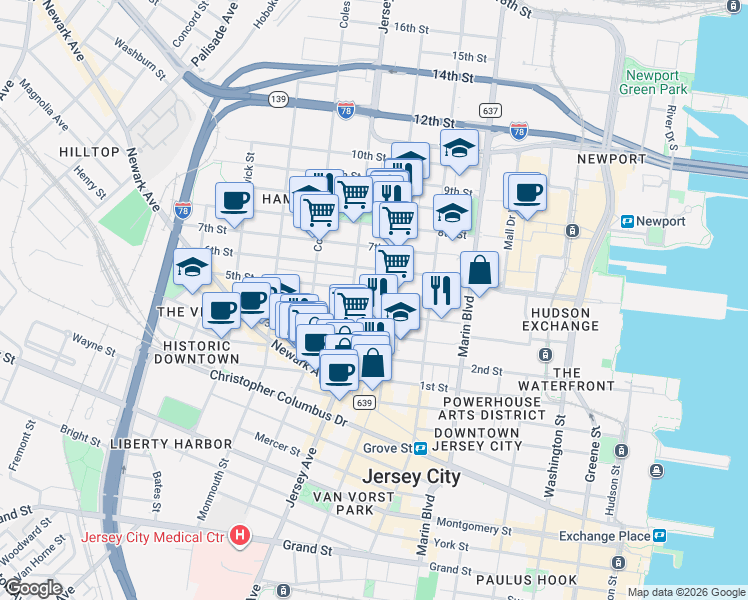 map of restaurants, bars, coffee shops, grocery stores, and more near 246 5th Street in Jersey City