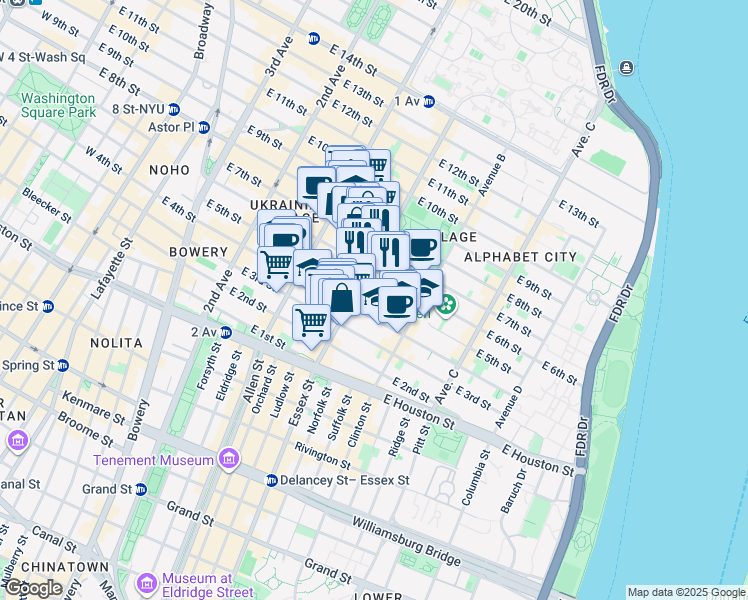 map of restaurants, bars, coffee shops, grocery stores, and more near 512 East 5th Street in New York