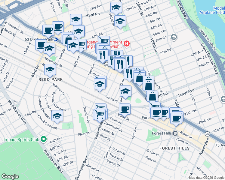 map of restaurants, bars, coffee shops, grocery stores, and more near 99-34 67th Road in Queens
