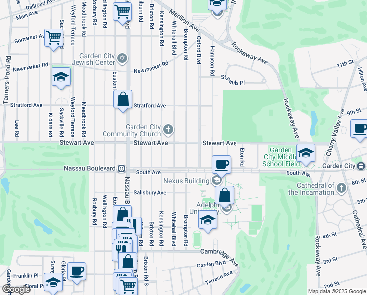 map of restaurants, bars, coffee shops, grocery stores, and more near 100 Brompton Road in Garden City