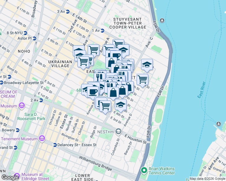 map of restaurants, bars, coffee shops, grocery stores, and more near 308 East 8th Street in New York