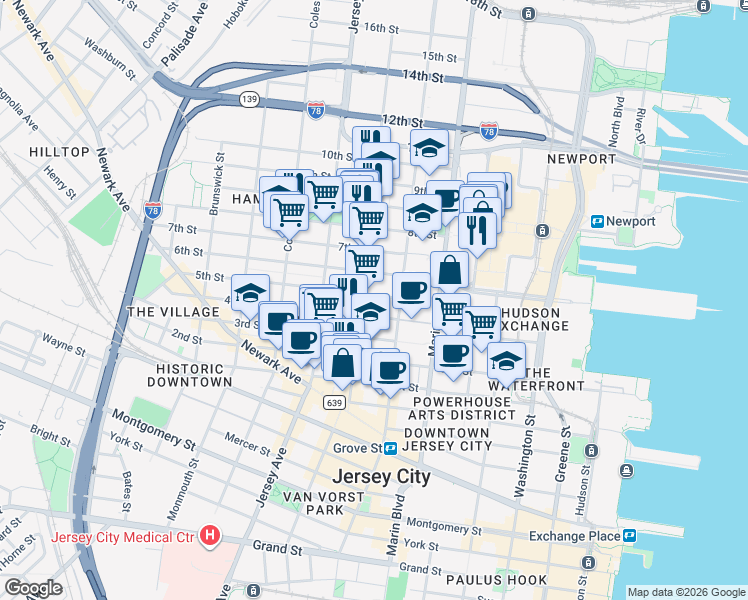 map of restaurants, bars, coffee shops, grocery stores, and more near 215 5th Street in Jersey City