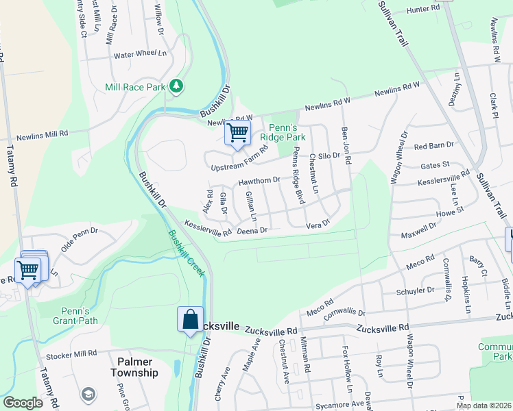 map of restaurants, bars, coffee shops, grocery stores, and more near 2535 Jeannette Lane in Easton