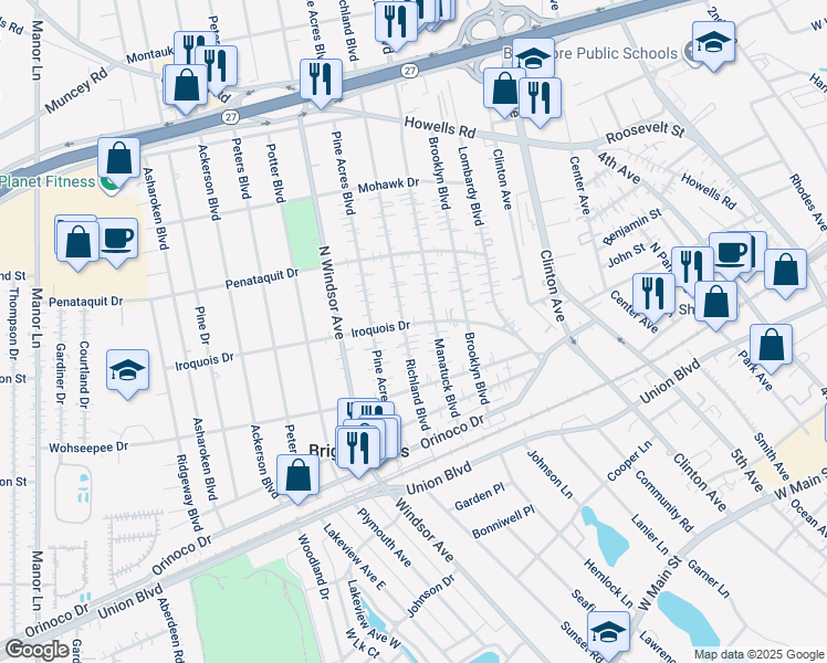 map of restaurants, bars, coffee shops, grocery stores, and more near 40 Iroquois Drive in Brightwaters