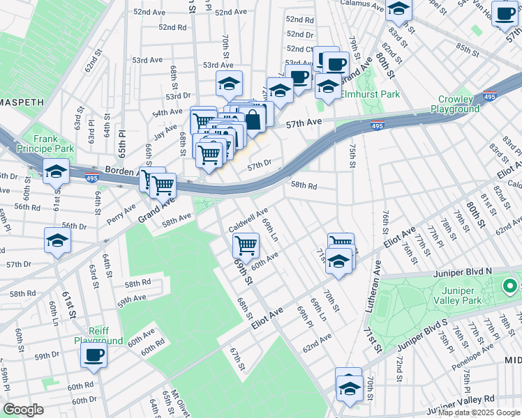 map of restaurants, bars, coffee shops, grocery stores, and more near 69-84 58th Road in Queens