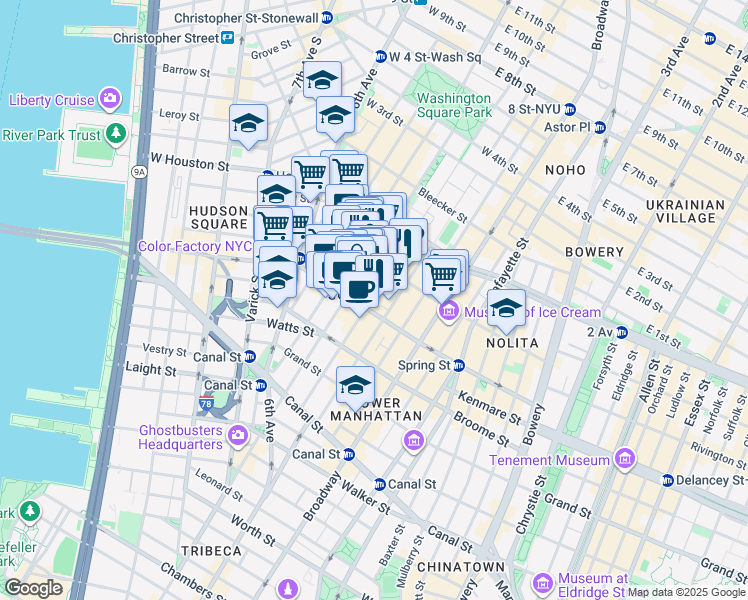 map of restaurants, bars, coffee shops, grocery stores, and more near 423 West Broadway in New York