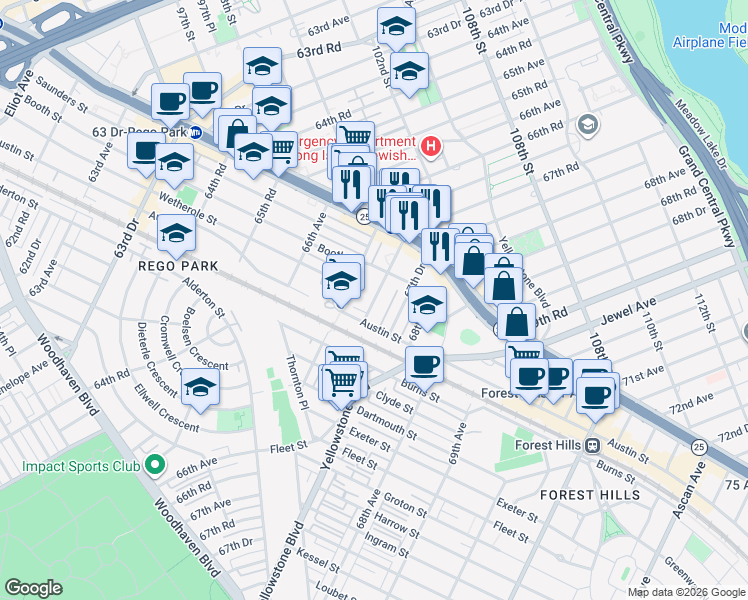 map of restaurants, bars, coffee shops, grocery stores, and more near 99-30 67th Road in Queens