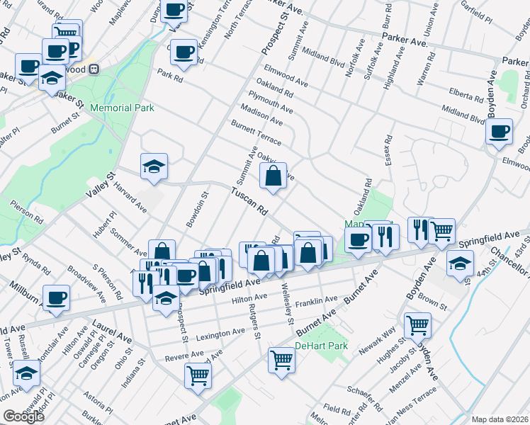 map of restaurants, bars, coffee shops, grocery stores, and more near 103 Tuscan Road in Maplewood