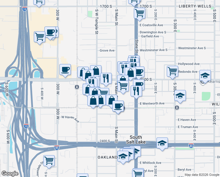 map of restaurants, bars, coffee shops, grocery stores, and more near 2150 South Main Street in South Salt Lake