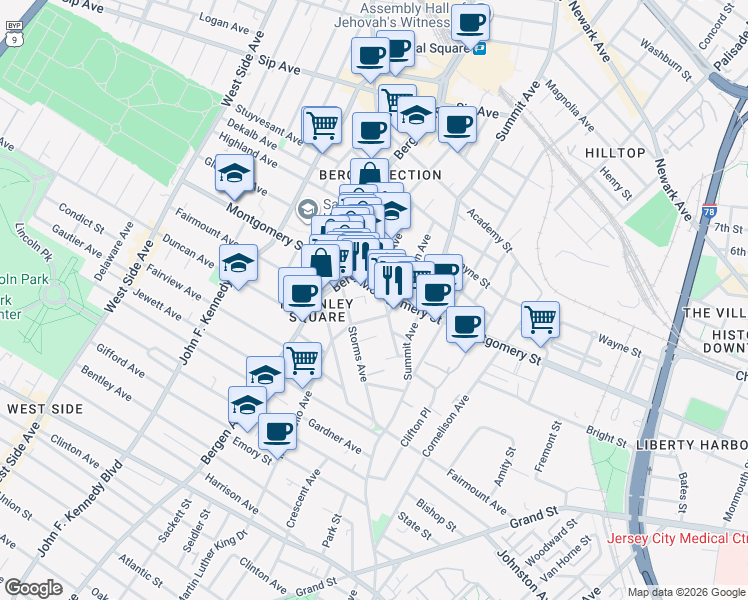 map of restaurants, bars, coffee shops, grocery stores, and more near 700 Montgomery Street in Jersey City