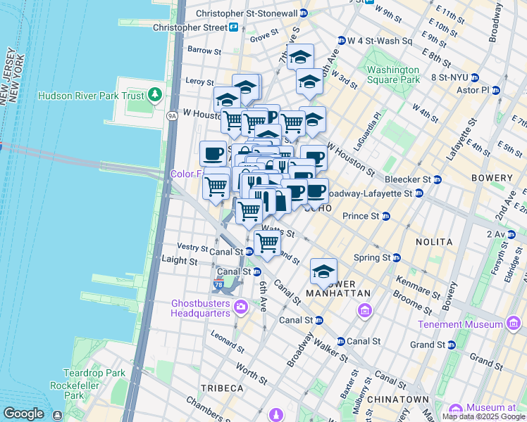 map of restaurants, bars, coffee shops, grocery stores, and more near 550 Broome Street in New York