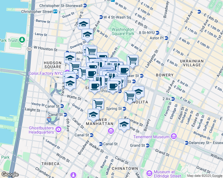map of restaurants, bars, coffee shops, grocery stores, and more near 110 Prince Street in New York
