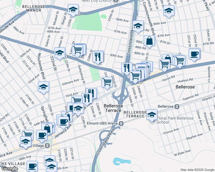 map of restaurants, bars, coffee shops, grocery stores, and more near 92-36 242nd Street in Queens