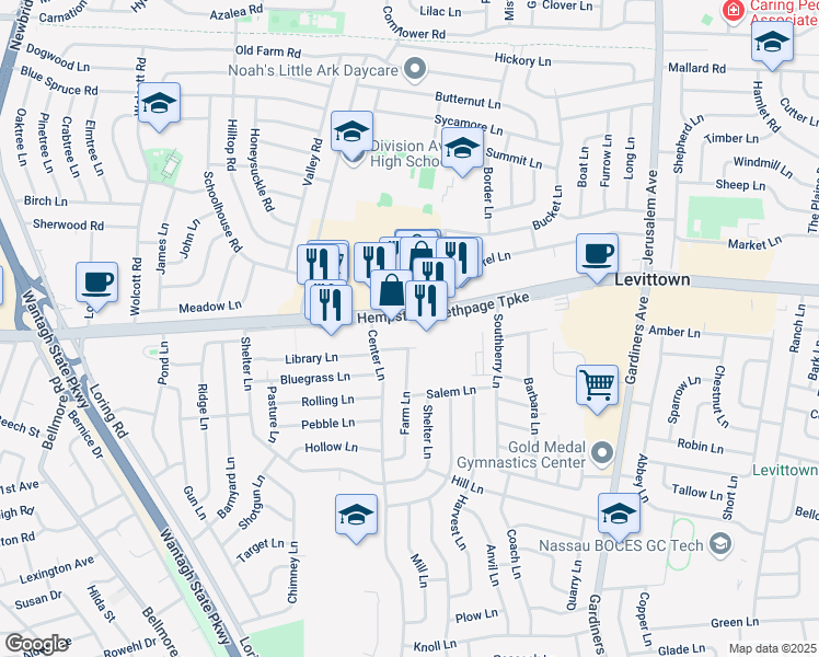 map of restaurants, bars, coffee shops, grocery stores, and more near 3026 Hempstead Turnpike in Levittown