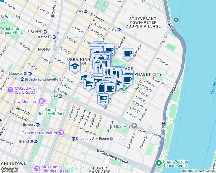 map of restaurants, bars, coffee shops, grocery stores, and more near 518 East 6th Street in New York