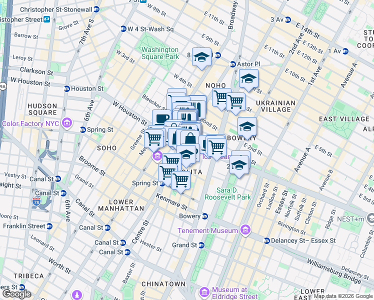 map of restaurants, bars, coffee shops, grocery stores, and more near 315 Lafayette Street in New York