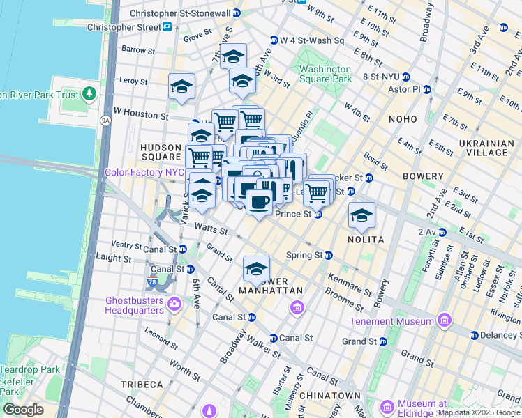 map of restaurants, bars, coffee shops, grocery stores, and more near 423 West Broadway in New York