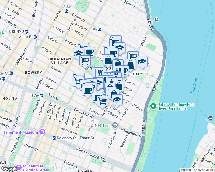 map of restaurants, bars, coffee shops, grocery stores, and more near 202 East 7th Street in New York