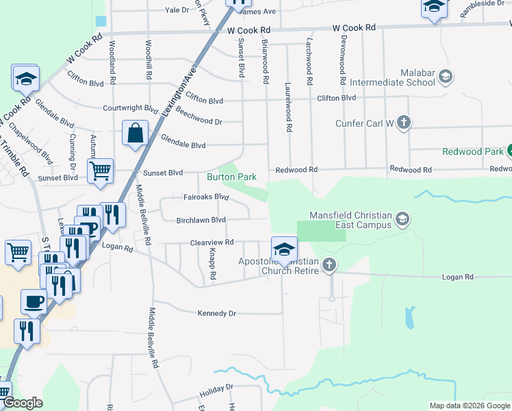 map of restaurants, bars, coffee shops, grocery stores, and more near 442 Fairoaks Boulevard in Mansfield