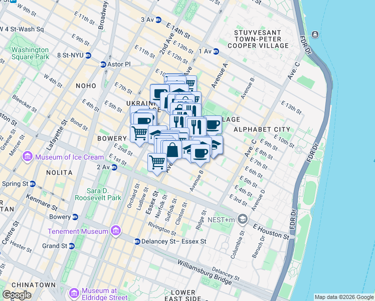 map of restaurants, bars, coffee shops, grocery stores, and more near 510 East 5th Street in New York