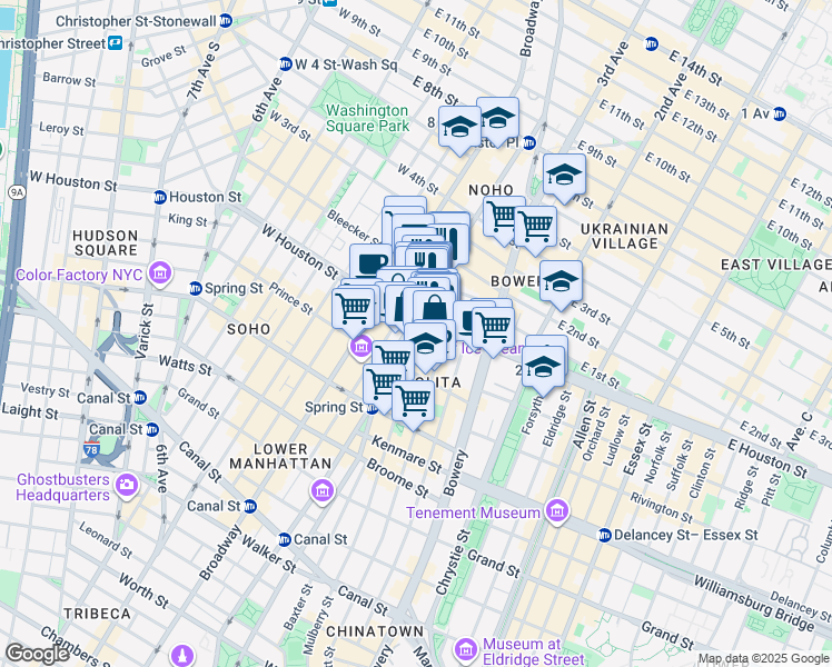 map of restaurants, bars, coffee shops, grocery stores, and more near 295 Lafayette Street in New York