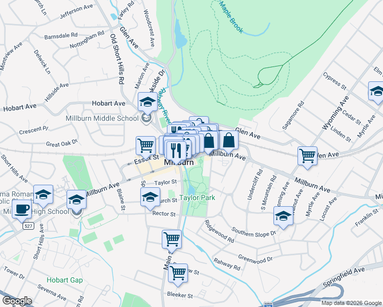 map of restaurants, bars, coffee shops, grocery stores, and more near 321 Millburn Avenue in Millburn