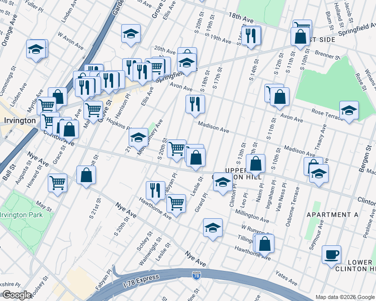 map of restaurants, bars, coffee shops, grocery stores, and more near 912 South 18th Street in Newark