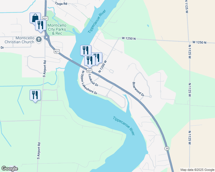 map of restaurants, bars, coffee shops, grocery stores, and more near 1482-1698 Highway 39 in Monticello