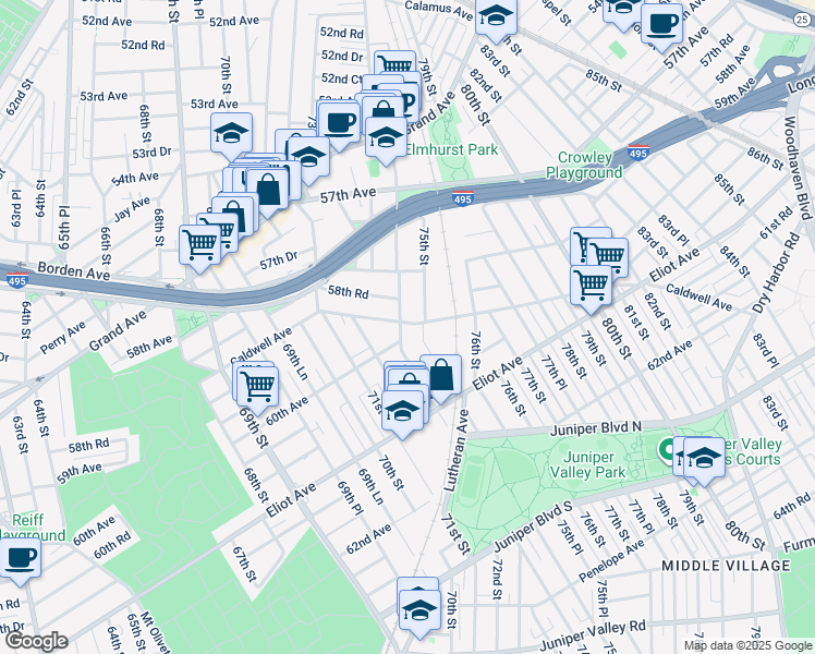 map of restaurants, bars, coffee shops, grocery stores, and more near 59-01 74th Street in Queens
