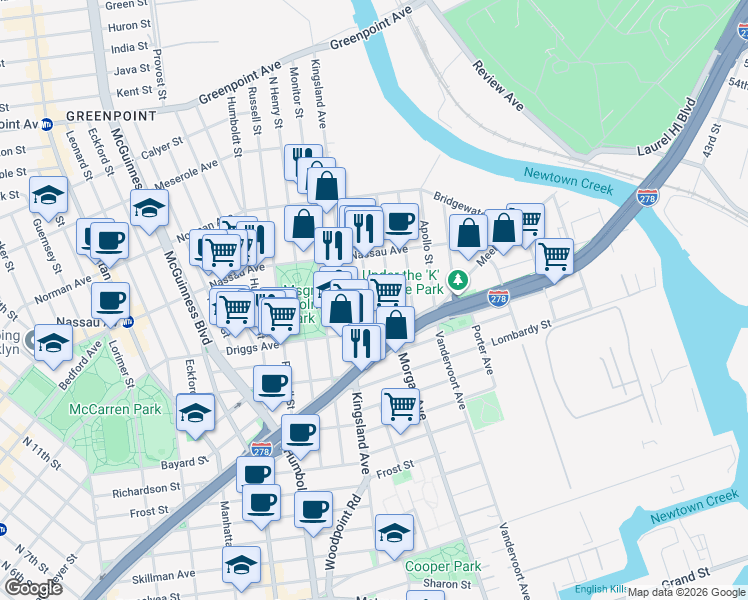 map of restaurants, bars, coffee shops, grocery stores, and more near 594 Morgan Avenue in Brooklyn