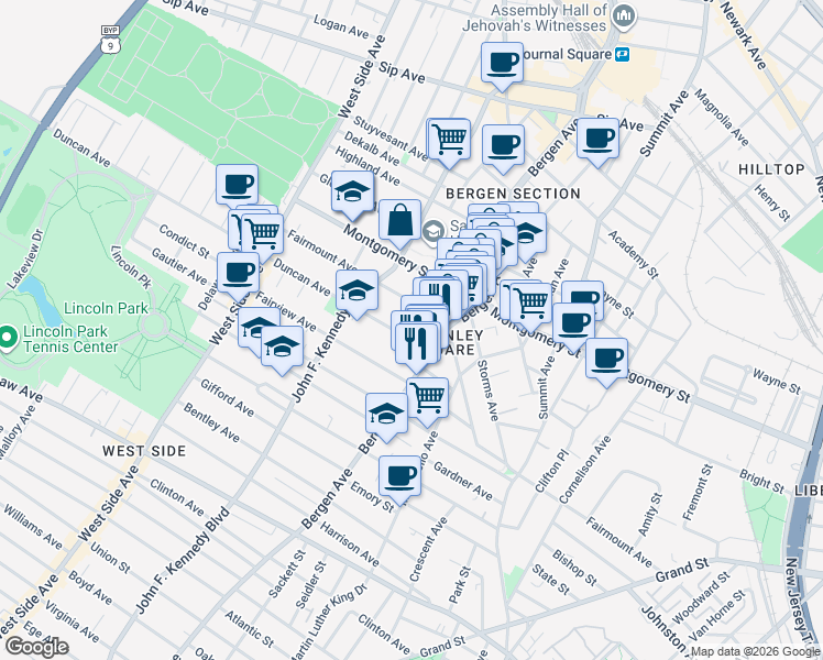 map of restaurants, bars, coffee shops, grocery stores, and more near 22 Duncan Avenue in Jersey City