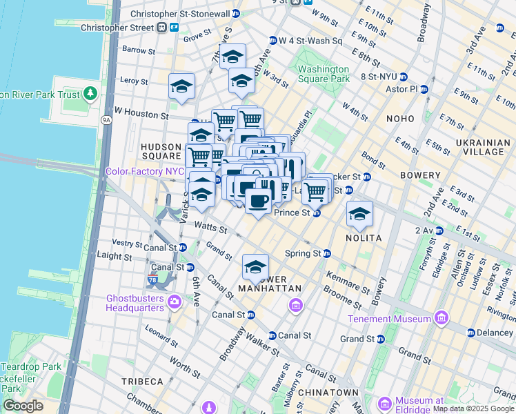map of restaurants, bars, coffee shops, grocery stores, and more near 423 West Broadway in New York