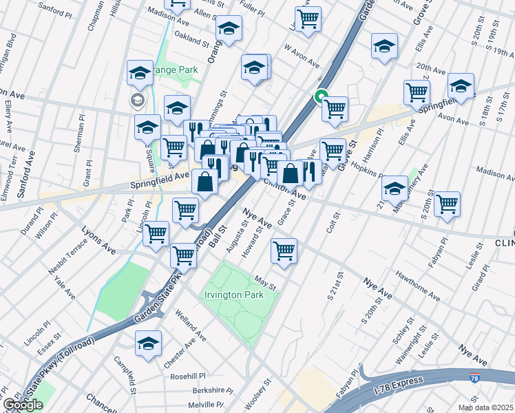 map of restaurants, bars, coffee shops, grocery stores, and more near 26 Ball Street in Irvington