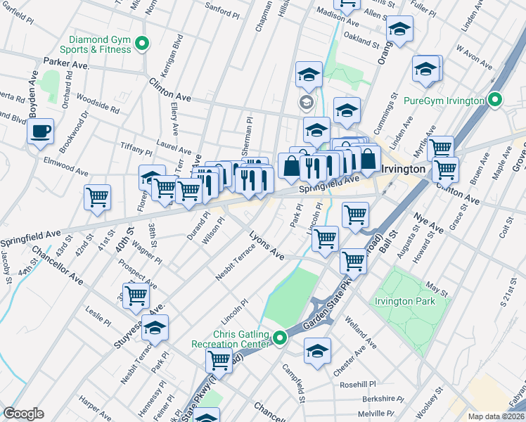 map of restaurants, bars, coffee shops, grocery stores, and more near 732 Nye Avenue in Irvington