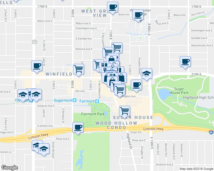 map of restaurants, bars, coffee shops, grocery stores, and more near 2116 Highland Drive in Salt Lake City
