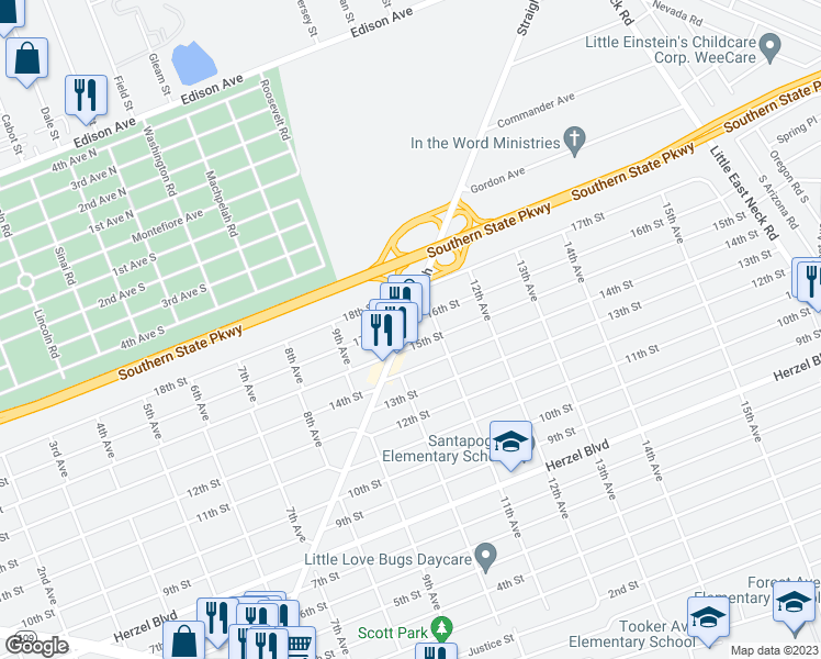map of restaurants, bars, coffee shops, grocery stores, and more near 329 16th Street in West Babylon