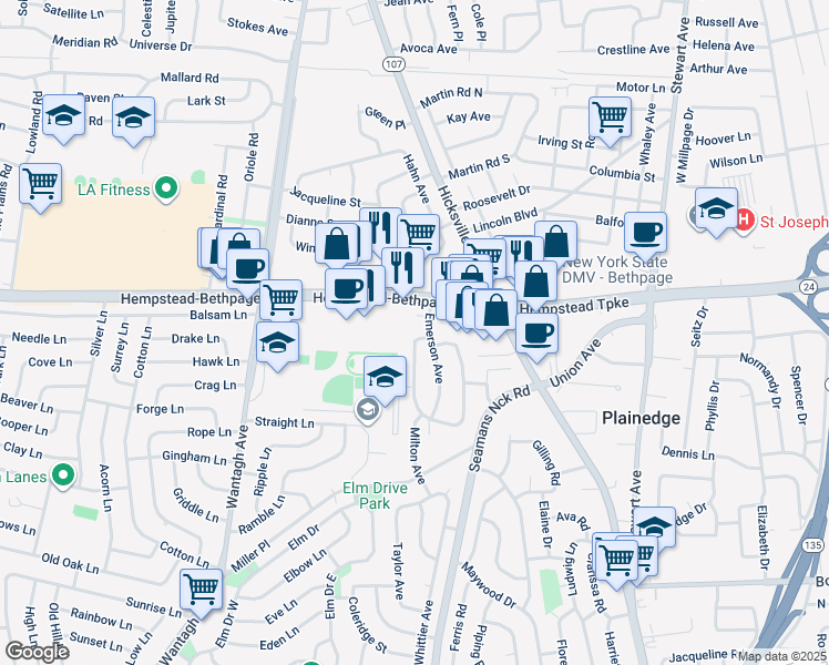 map of restaurants, bars, coffee shops, grocery stores, and more near 3880 Hempstead Bethpage Turnpike in Levittown