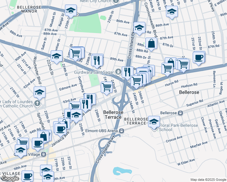 map of restaurants, bars, coffee shops, grocery stores, and more near 92-36 242nd Street in Queens